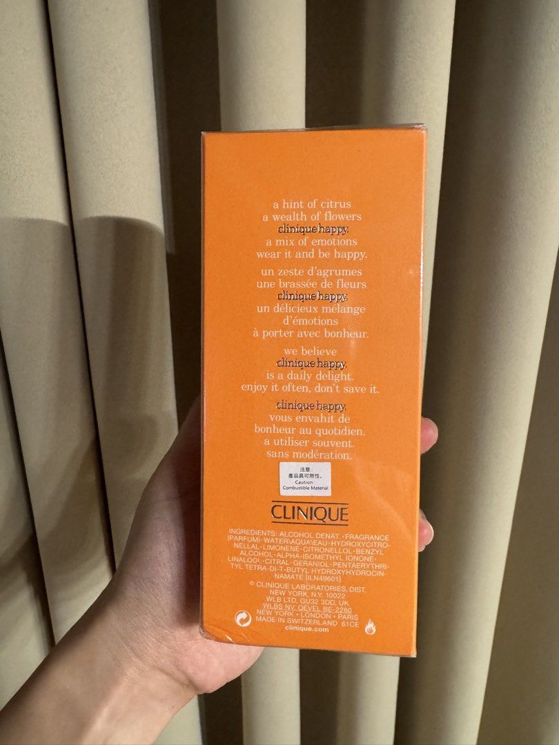 Clinique Happy Perfume Spray 100ml (Category: Fragrance & Deodorants) located in San Fernando. Submitted by ThrifinityandBeyond (Listing ID 1463164802, Image 2). Description: - Clinique Happy Perfume Spray - 100ml bottle - Scent profile: Hint of citrus with a wealth of flowers - Evokes feelings of happiness - Made in England.