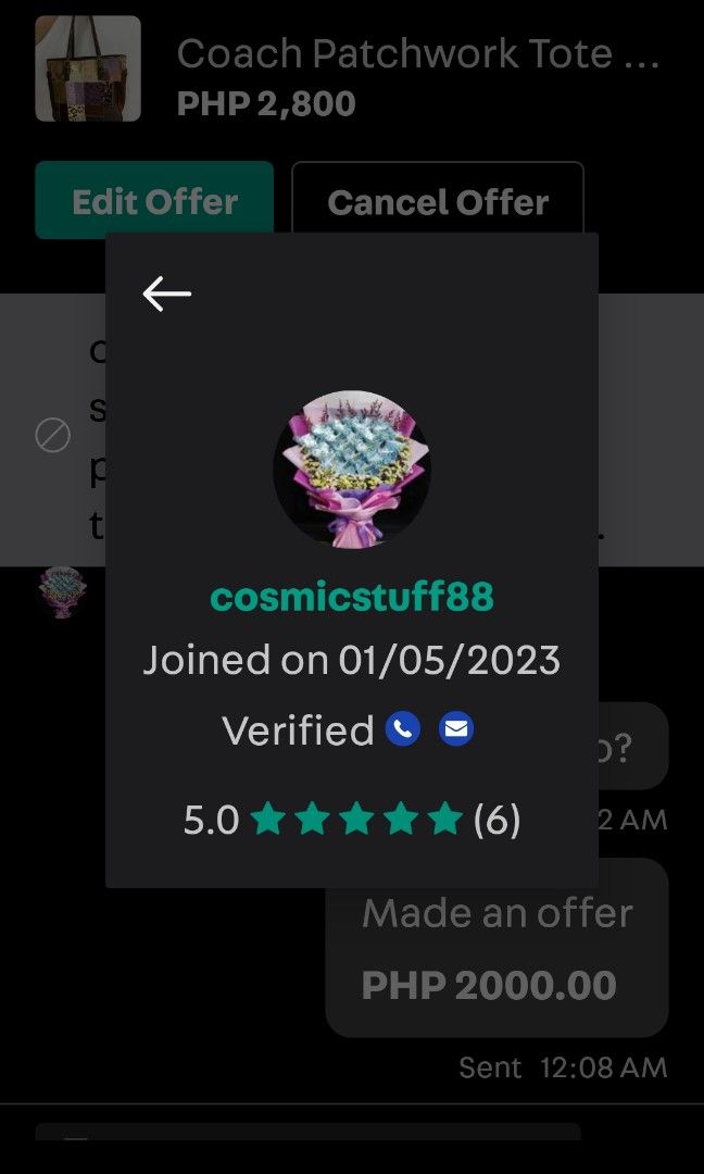 Coach patchwork bag scammer (Category: Announcements) located in Quezon City. Submitted by bettymeir07 (Listing ID 1463127605, Image 2). Description: I almost got scammed by this user. kahit na 3 years na un account nya may fake reviews--he still risked it kc alam nya pwede makagawa ulit ng bago. pero i do videocalls and ss of item to verify. Lets all be vigilant sa mga low-life callouses nato 😡.