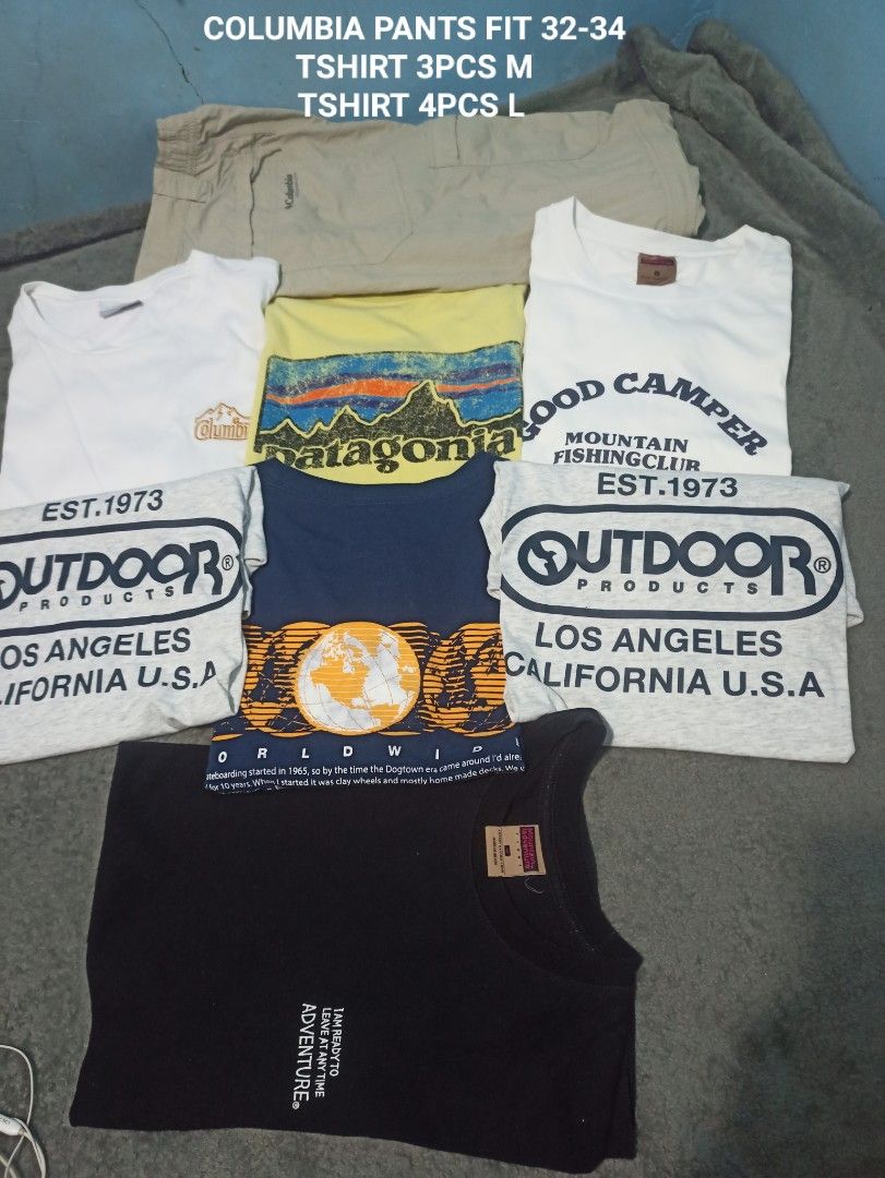 Columbia Pants & 4 T-shirts Bundle (M/L) (Category: Activewear) located in Manila. Submitted by thecomftrift.co (Listing ID 1463264602, Image 1). Description: -Aspack Outdoor Garments all for 2,000 add sf - Bundle includes Columbia pants -(waist size 32-34). - Four t-shirts included: 3 in size Medium and 1 in size Large. - Brands featured: Patagonia, Columbia, and Outdoor Products. - Ideal for casual everyday wear. - Suitable for outdoor adventur