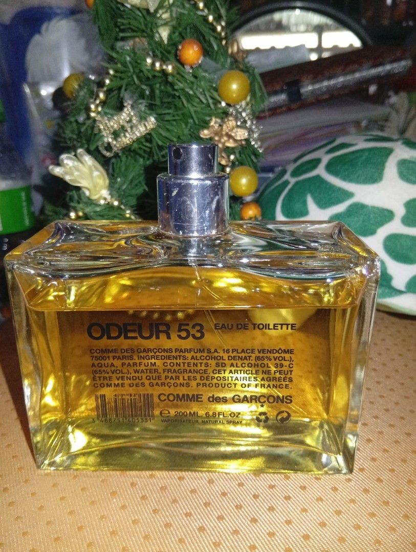 Comme des Garcons Odeur 53 Eau de Toilette 200ml (Category: Fragrance & Deodorants) located in Davao. Submitted by lingxu23 (Listing ID 1463129272, Image 1). Description: - Comme des Garcons Odeur 53 Eau de Toilette - Large 200ml bottle - Unique fragrance with 53 distinct notes - Perfect for lovers of distinctive scents - Product of France -90% Full.