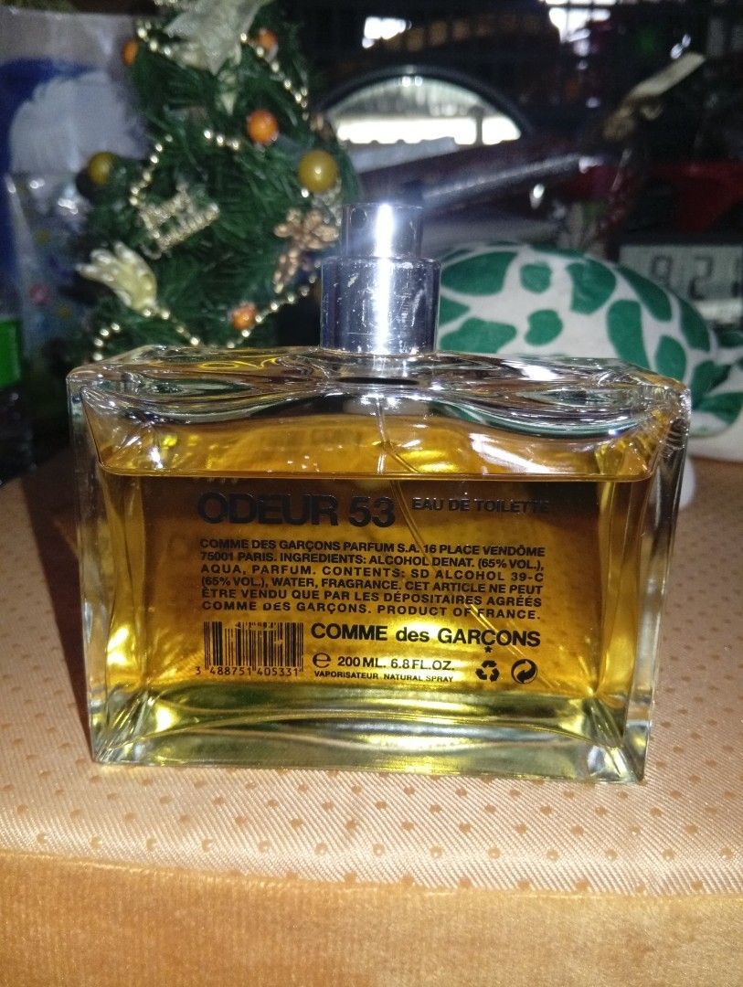 Comme des Garcons Odeur 53 Eau de Toilette 200ml (Category: Fragrance & Deodorants) located in Davao. Submitted by lingxu23 (Listing ID 1463129272, Image 2). Description: - Comme des Garcons Odeur 53 Eau de Toilette - Large 200ml bottle - Unique fragrance with 53 distinct notes - Perfect for lovers of distinctive scents - Product of France -90% Full.