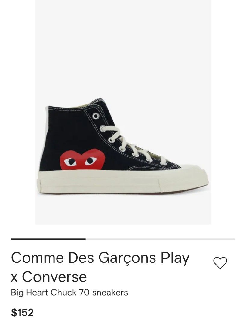 Comme des Garçons Play x Converse Chuck 70 High (Category: Sneakers & Footwear) located in Zamboanga. Submitted by rkrey (Listing ID 1463124124, Image 1). Description: Comme des Garçons Play x Converse Chuck 70 High sneakers featuring the signature red heart-and-eyes logo on the side Men's 4.5 Women's 6.5 23.5cm Slightly Negotiable Price.