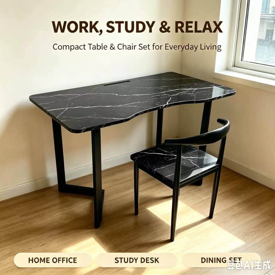Compact Marble Effect Table and Chair Set (Category: Tables & Sets) located in Caloocan City. Submitted by swiftflower_802790 (Listing ID 1463162683, Image 1). Description: - Stylish black marble effect table and chair set - Ideal for home office, study, or dining - Compact design, perfect for small spaces - Comfortable chair with curved back - Sleek black legs - Easy to clean surface.