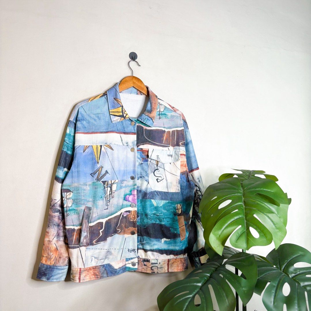 Corduroy AOP | Jacket. (Category: Coats, Jackets and Outerwear) located in Manila. Submitted by bypiecesandstories (Listing ID 1463225356, Image 1). Description: Corduroy AOP | Jacket. 649 PHP 🧡 Perfect Condition Can Fit — Medium to Large Dimensions — W 24" L 27.5" A standout corduroy jacket with an all-over print that gives plenty of character. A great statement layer for adding texture and personality to a simple outfit. • REMINDERS • — Read t
