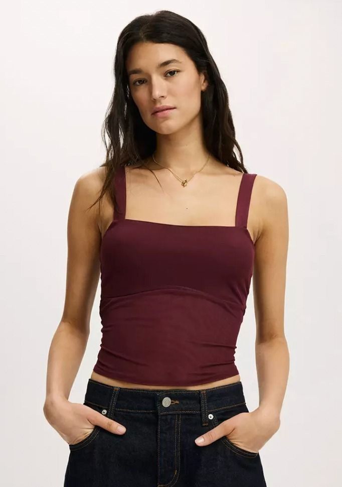 Cotton On Brooke Mesh Cami Top (Sour Cherry) (Category: Sleeveless) located in Binan City. Submitted by lexiieverse (Listing ID 1463233158, Image 1). Description: Also fits XXS!.