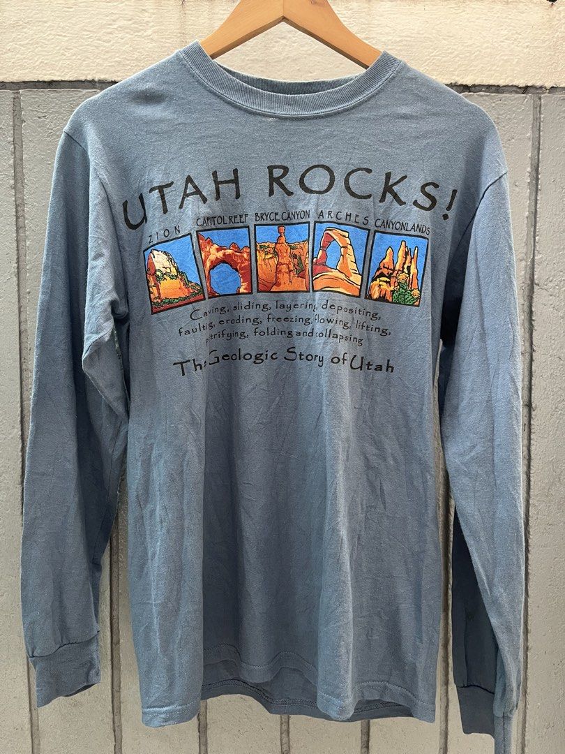 Crew Neck Utah Rock Graphic Tee (Category: Tshirts & Polo Shirts ) located in Manila. Submitted by mkjah (Listing ID 1463273811, Image 1). Description: Crew Neck Graphic Tshirt Utah Rocks Size: small tag (W) 18 (L) 27 (Sh) 19.5 (S) 24.5 Color may vary due to lighting Ready to wear 🧼 Price 400 plus shipping Please manage your expectations before placing your order. Please note that there may be stains or anything. the pictures will be posted, if 