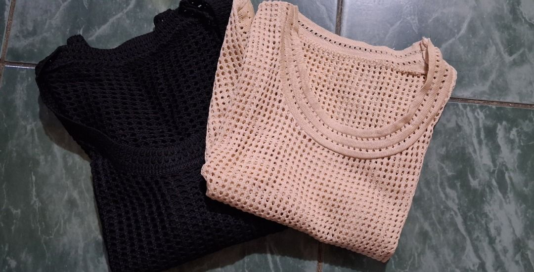 Crochet Mesh Short Sleeve Top - Black & Beige (Category: Blouses) located in Manila. Submitted by katkween23 (Listing ID 1463218485, Image 3). Description: - Lightweight crochet mesh fabric - Short sleeves - Classic crew neck - Available in black and beige - Ideal for layering or wearing solo - Perfect for beach days and casual outings - Easy to style.