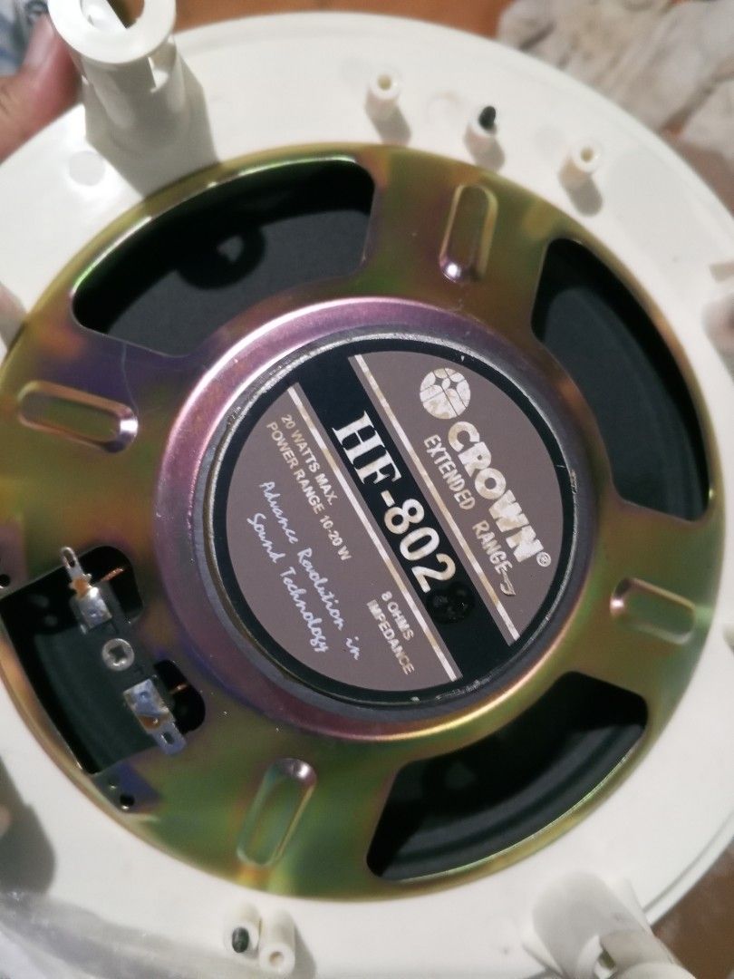 Crown HF-802 ceiling speaker (Category: Soundbars, Speakers & Amplifiers) located in Manila. Submitted by lancedlt31 (Listing ID 1463230676, Image 3). Description: (Decluttering) CROWN HF-802 Ceiling Speaker Price: ₱1,000each (Negotiable for sure buyers and kkunin maramihan.) 10-15pcs available ✅ 8 Ohms Impedance ✅ 20 Watts Max (10–20W Power Range) ✅ Clear sound quality Ideal for: Cafés Restaurants Offices Home audio Background music (BGM) PA sys