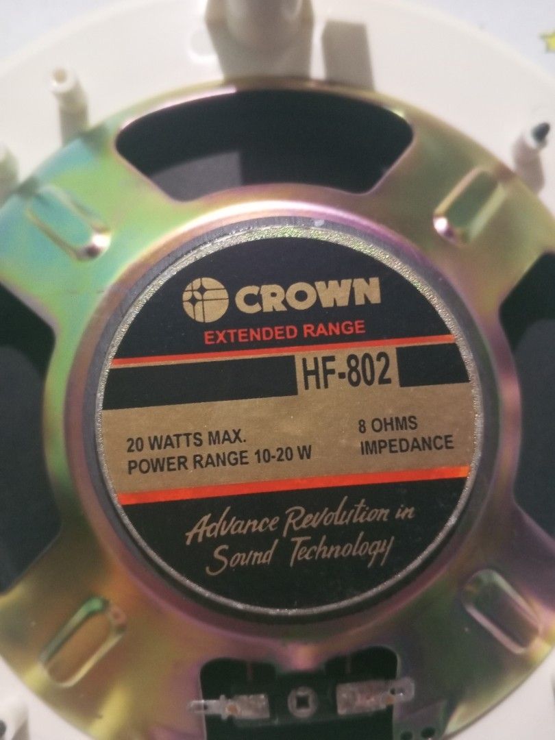 Crown HF-802 ceiling speaker (Category: Soundbars, Speakers & Amplifiers) located in Manila. Submitted by lancedlt31 (Listing ID 1463230676, Image 1). Description: (Decluttering) CROWN HF-802 Ceiling Speaker Price: ₱1,000each (Negotiable for sure buyers and kkunin maramihan.) 10-15pcs available ✅ 8 Ohms Impedance ✅ 20 Watts Max (10–20W Power Range) ✅ Clear sound quality Ideal for: Cafés Restaurants Offices Home audio Background music (BGM) PA sys