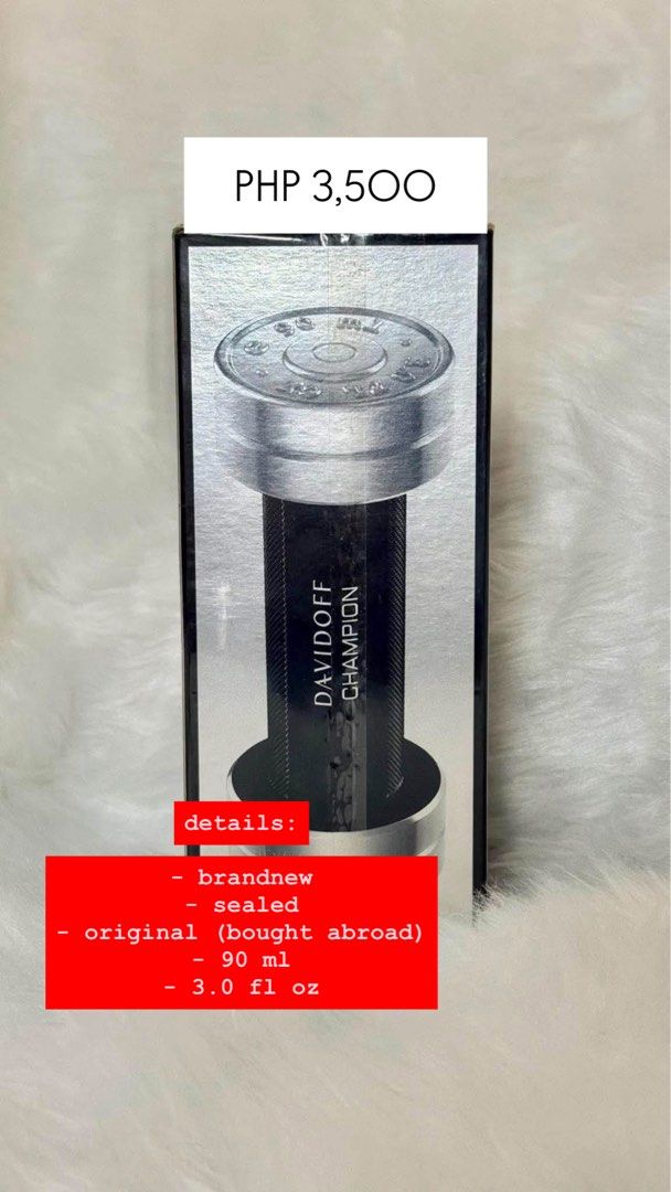 Davidoff Champion Eau de Toilette 90ml (Category: Fragrance & Deodorants) located in Paranaque City. Submitted by la_hermosa.ph (Listing ID 1463176594, Image 1). Description: - Brand new, sealed Davidoff Champion Eau de Toilette - Original product, purchased abroad - Size: 90 ml (3.0 fl oz) - Ideal scent for everyday wear - ONHAND AND READY TO SHIP! via lalamove.