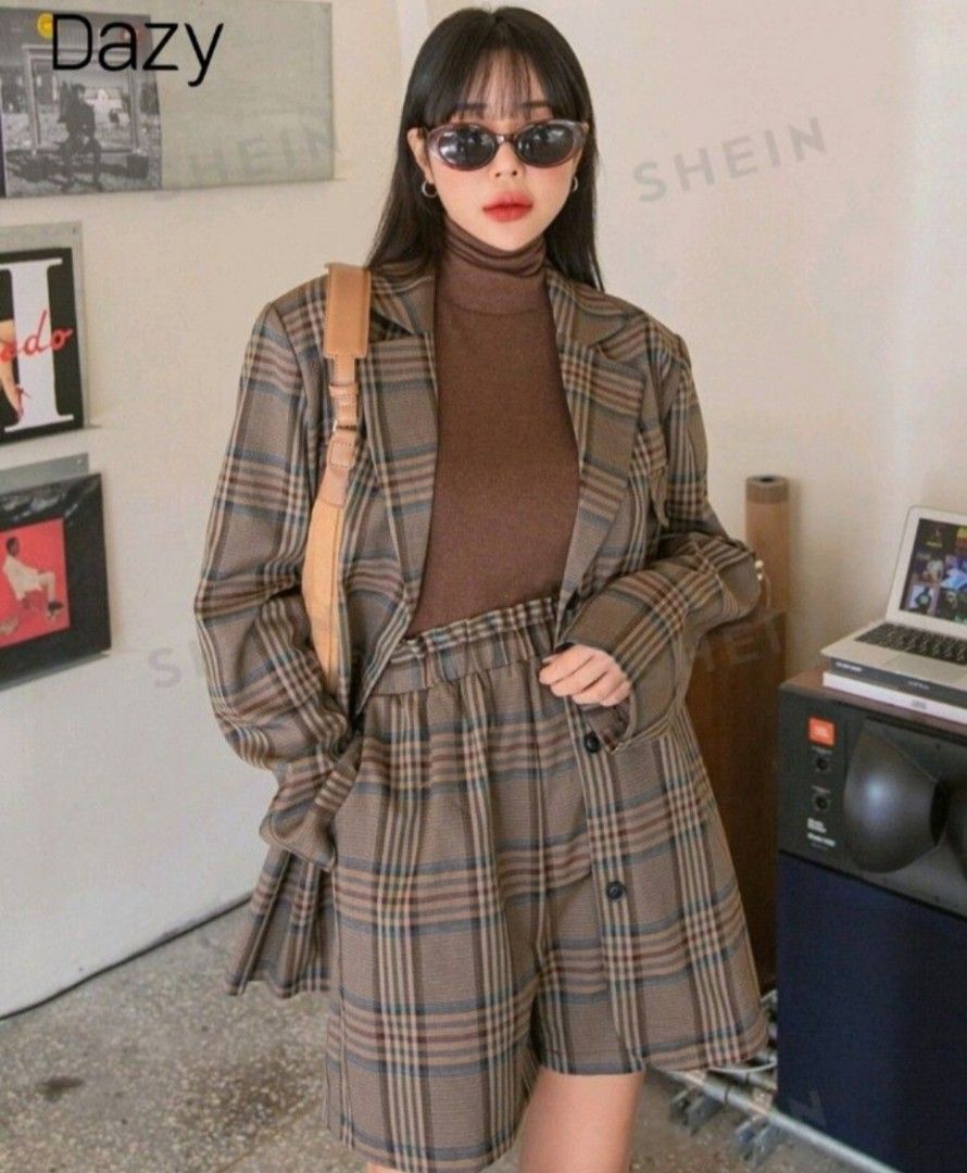 DAZY Plaid Blazer and Shorts Set (Category: Sets or Coordinates) located in Manila. Submitted by jazgotlucky (Listing ID 1463187381, Image 1). Description: - Cute plaid set from DAZY - Relaxed fit blazer with button closure - Matching shorts with elastic waistband - no issue, decluttering.