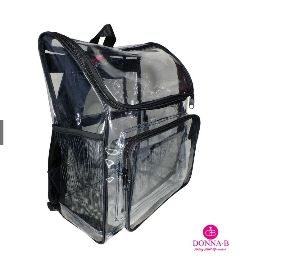 DONNA-B Clear Transparent Backpack with Mesh Pockets (Category: Babies & Kids Fashion) located in Quezon City. Submitted by lisolette (Listing ID 1463125507, Image 1). Description: - Clear backpack from DONNA-B, Taylor model - approx Length: 12.5 inches, Width: 6 inches, Height: 16 inches - Material: heavy duty PVC clear plastic (16 gauge) - matibay, malinis, easy to clean, no damage at all, all zippers working, no tastas - RFS: too big for my ch