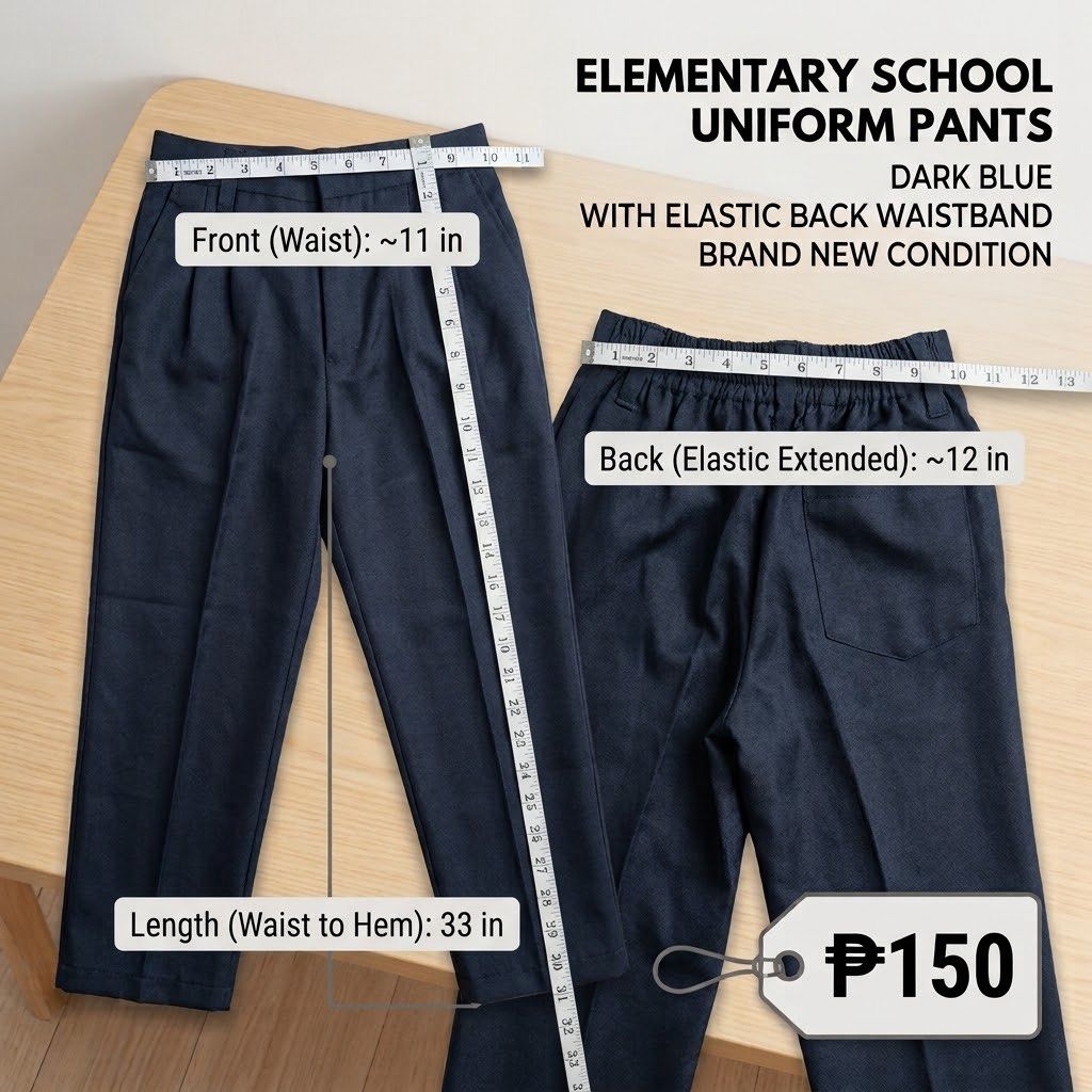Elementary School Uniform Pants Dark Blue Elastic Back Waistband (Category: Other Bottoms) located in Manila. Submitted by practicalitynerd (Listing ID 1463225534, Image 1). Description: - Brand new dark blue elementary school uniform pants - Comfortable elastic back waistband - Front waist: approx. 11 inches - Extended back waist: approx. 12 inches - Length (waist to hem): 33 inches - Ideal for school wear.