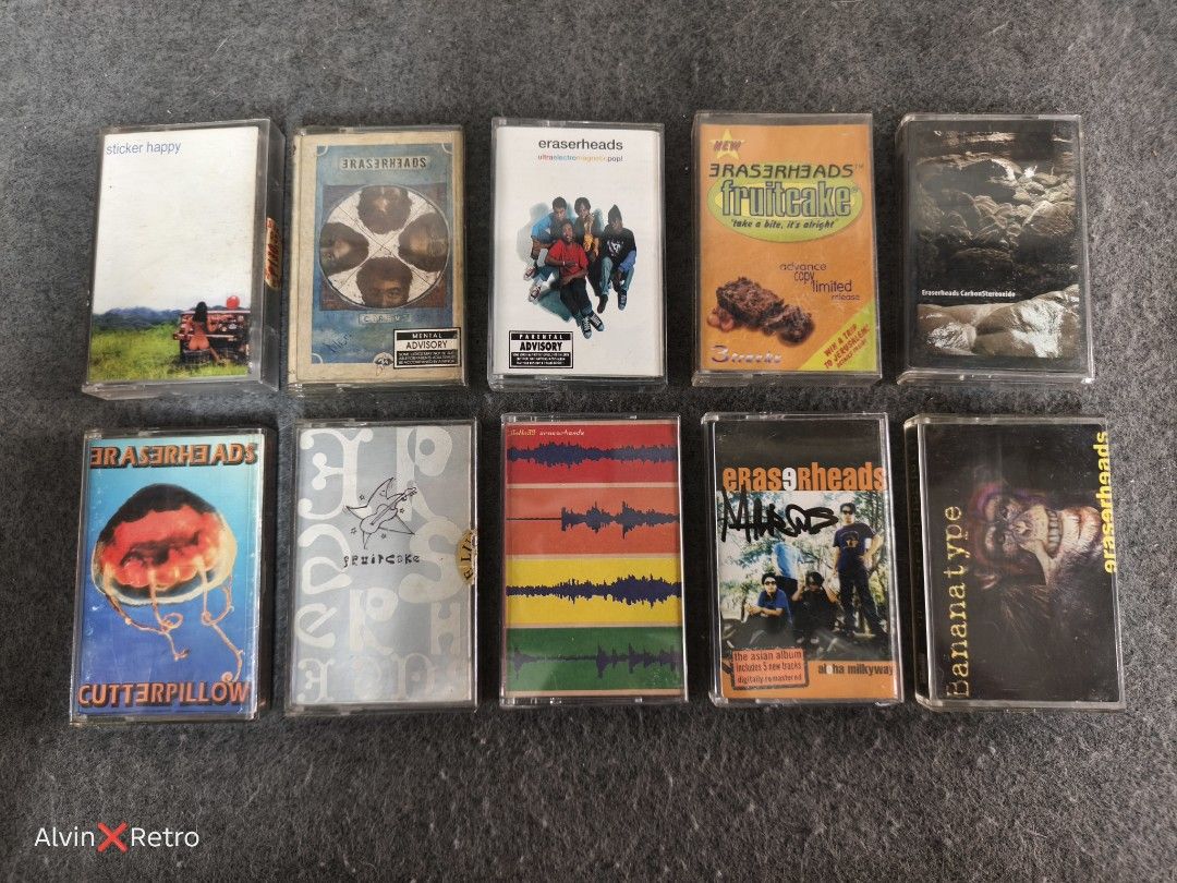 Eraserheads Cassette tapes (Original) (Category: CDs & DVDs) located in Manila. Submitted by alvinretro (Listing ID 1463120350, Image 1). Description: sticker happy 1,800 circus 1,700 UEMP 2,500 (mint) fruitcake 1,500 fruitcake take a bite 2,300 carbon stereoxide 2,000 cutterpillow 1,500 natin99 1,800 aloha milkyway 5,500 (complete sign) bananatype 1,700.