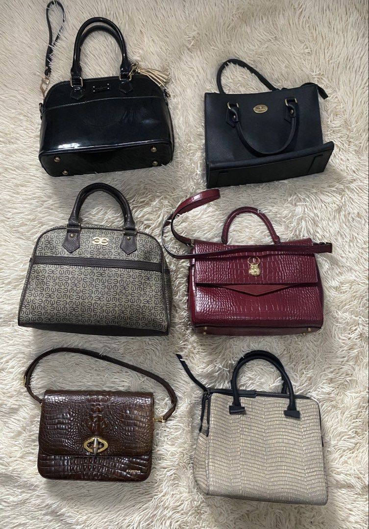 Esquire, Pauls botique (Category: Luxury Bags & Wallets) located in Manila. Submitted by switchcity (Listing ID 1463246363, Image 1). Description: - Bundle of 5 pre-owned handbags - Includes: black patent dome bag, black structured tote, beige monogrammed satchel, burgundy croc-embossed top-handle bag, and brown croc-embossed crossbody bag - Great variety for different occasions.