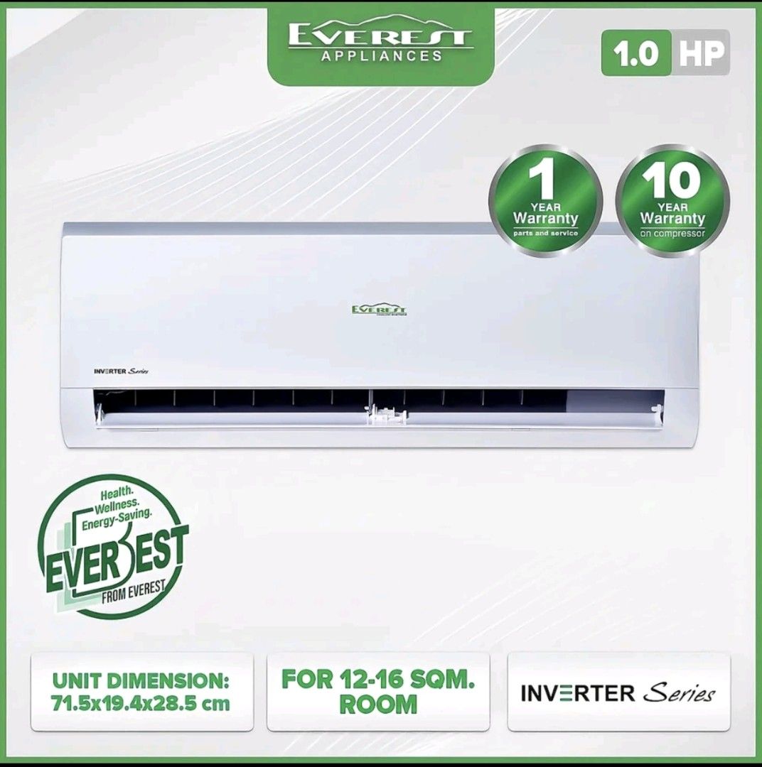 Everest Split type Aircon Inverter 1.0hp (Category: Air Conditioning and Heating) located in Manila. Submitted by rico_delfin (Listing ID 1463159879, Image 1). Description: ETIV10CSTR3-HF Golden Fins Indoor & Outdoor 🟩 Silver Ion Filter 🟩 LED Hidden Display 🟩 Refrigerant Diagnose Error 🟩 Self Diagnose Error 🟩 Auto Restart 🟩 Fire-Proof PCB Box 🟩 Eco Mode 🟩 R32 Refrigerant Capacity ​ 1.0 HP Cooling Capacity 10,200 (3,871-10,850) kj/h Power 