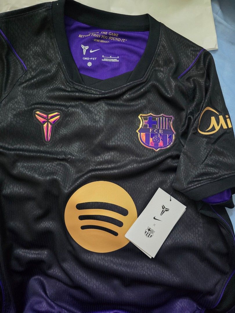 FC Barcelona x Kobe Bryant Nike Jersey (Category: Activewear) located in Makati City. Submitted by thegifted (Listing ID 1463294001, Image 3). Description: - Authentic FC Barcelona Jersey - Color: Black and Purple - Size: Medium (M); 21x29 - Features: Nike logo, FCB crest, Spotify logo, Kobe Bryant Mamba logo - Condition: Brand new with tags - Includes: Original packaging.