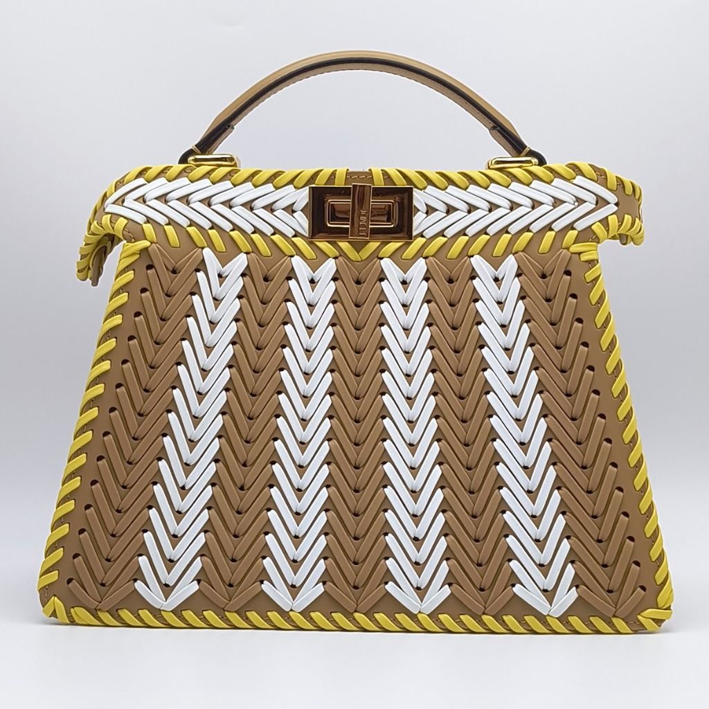 Fendi Peekaboo ISeeU Small Bag Interlace Taupe (Category: Luxury Bags & Wallets) located in Cebu City. Submitted by theluxxaffair (Listing ID 1463294451, Image 1). Description: Small Fendi Peekaboo ISeeU top handle bag in a striking taupe, white, and yellow chevron-style interlaced nappa leather with gold-tone hardware. Features intricate hand-woven detailing, signature twist-lock closure, structured top handle and detachable adjustable shoulder 