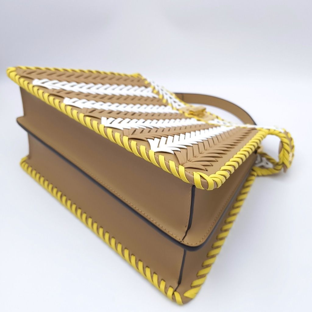 Fendi Peekaboo ISeeU Small Bag Interlace Taupe (Category: Luxury Bags & Wallets) located in Cebu City. Submitted by theluxxaffair (Listing ID 1463294451, Image 3). Description: Small Fendi Peekaboo ISeeU top handle bag in a striking taupe, white, and yellow chevron-style interlaced nappa leather with gold-tone hardware. Features intricate hand-woven detailing, signature twist-lock closure, structured top handle and detachable adjustable shoulder 