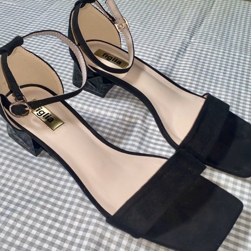 Figlia Black Suede Block Heel Ankle Strap Sandals (Category: Heels) located in Bay. Submitted by 934haul (Listing ID 1463226073, Image 1). Description: - Brand: Figlia - Material: Black Suede - Style: Sandals - Toe Shape: Square Toe - Heel Type: Block Heel (approx 1 inch) - Closure: Ankle strap with buckle - Includes: Original box - Occasion: Dress up or down, versatile used 3x only for events. mop: gcash/maribank/maya mod: j&t express c/o buyer 