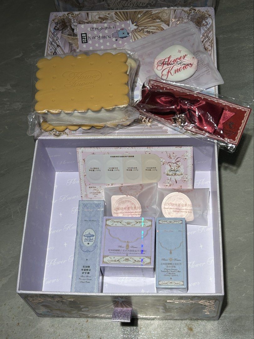 Flower Knows blush lipstick handcream set (Category: Makeup) located in Rizal. Submitted by reyshishibal (Listing ID 1463141620, Image 1). Description: All are sealed and brandnew INCLUSIONS: - Butterfly cloud blush 04 FLUTTERING ROMANCE - Butterfly cloud lipstick C03 SANDALWOOD - The sweetie bear cookie bag - Christmas scented hand cream - 1 powder puff - 1 hairpin red ribbon - Bunny garden cushion shades trial - 1 pc midsummer makeup balm remov