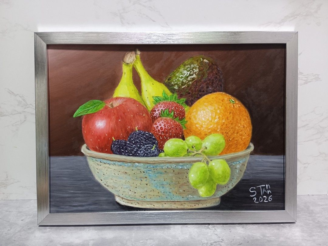 Framed Still Life Fruit Painting (Category: Art & Prints) located in Mandaluyong City. Submitted by alexstan2716850 (Listing ID 1463168863, Image 1). Description: - Original framed painting of a fruit bowl - Features a vibrant assortment of fruits: apples, strawberries, mulberries, grapes, bananas, avocado, and an orange - Comes with a stylish silver-toned frame - An excellent addition to enhance your home decor - 10 x 14 inches - Oil Paint on Ca