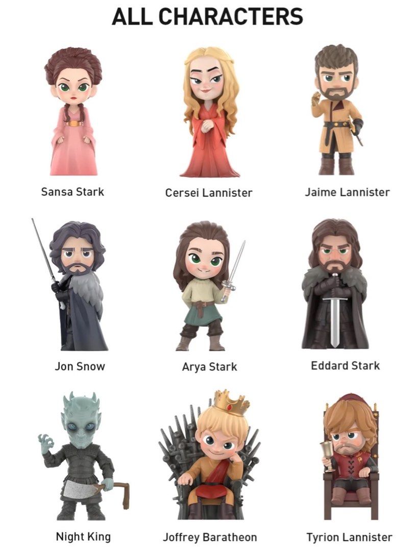 Game of Thrones Series Figure (Category: Figurines & Statues) located in Muntinlupa City. Submitted by litol_aniks (Listing ID 1463222149, Image 3). Description: ⋆. 𐙚 ˚ popmart game of thrones series 🛒 ₱450 each only (from ₱600 srp) ⤷ sealed foil, open from bottom box ⤷ complete, open to check card only ⤷ authentic; onhand and ready to ship mop: gcash, gotyme, bpi mod: lalamove, j&t, meet up 📍alabang, muntinlupa wts lfb for sale discounted pop