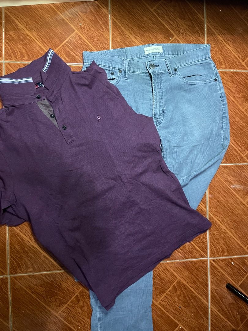 Gap Pants and Longsleeve polo aspack (Category: Tshirts & Polo Shirts ) located in Caloocan City. Submitted by gentleriver_3af518 (Listing ID 1463237262, Image 1). Description: 1. Gap 1969 Straight Fit Corduroy Size: Waist 29 / Length 30 Color: Greyish-Blue Material: Corduroy fabric Condition: Good preloved condition, well-maintained👕 2. Olzen Polo Shirt Brand: Olzen (Premium Korean fashion brand) Color: Deep Maroon Condition: Preloved, clean co
