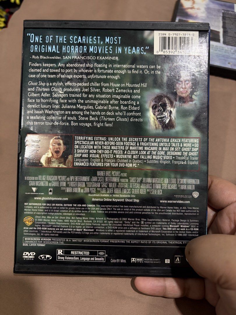 Ghost Ship Widescreen Edition DVD REGION 1 (Category: CDs & DVDs) located in Caloocan City. Submitted by gamegirl97 (Listing ID 1463208254, Image 2). Description: - Ghost Ship Widescreen Edition DVD - Stylish, effects-packed horror chiller - Stars Gabriel Byrne and Julianna Margulies - Includes scene index and bonus features - A must-have for horror fans.