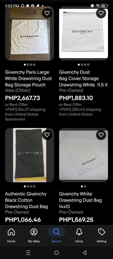 Givenchy Dust Bag Storage Pouch (Category: Luxury Bags & Wallets) located in Irosin. Submitted by whanchore55263 (Listing ID 1463183708, Image 3). Description: - Authentic Givenchy dust bag - Includes a smaller pouch - Ideal for storing handbags or shoes - Protects items from dust and scratches - Great for travel or closet organization.