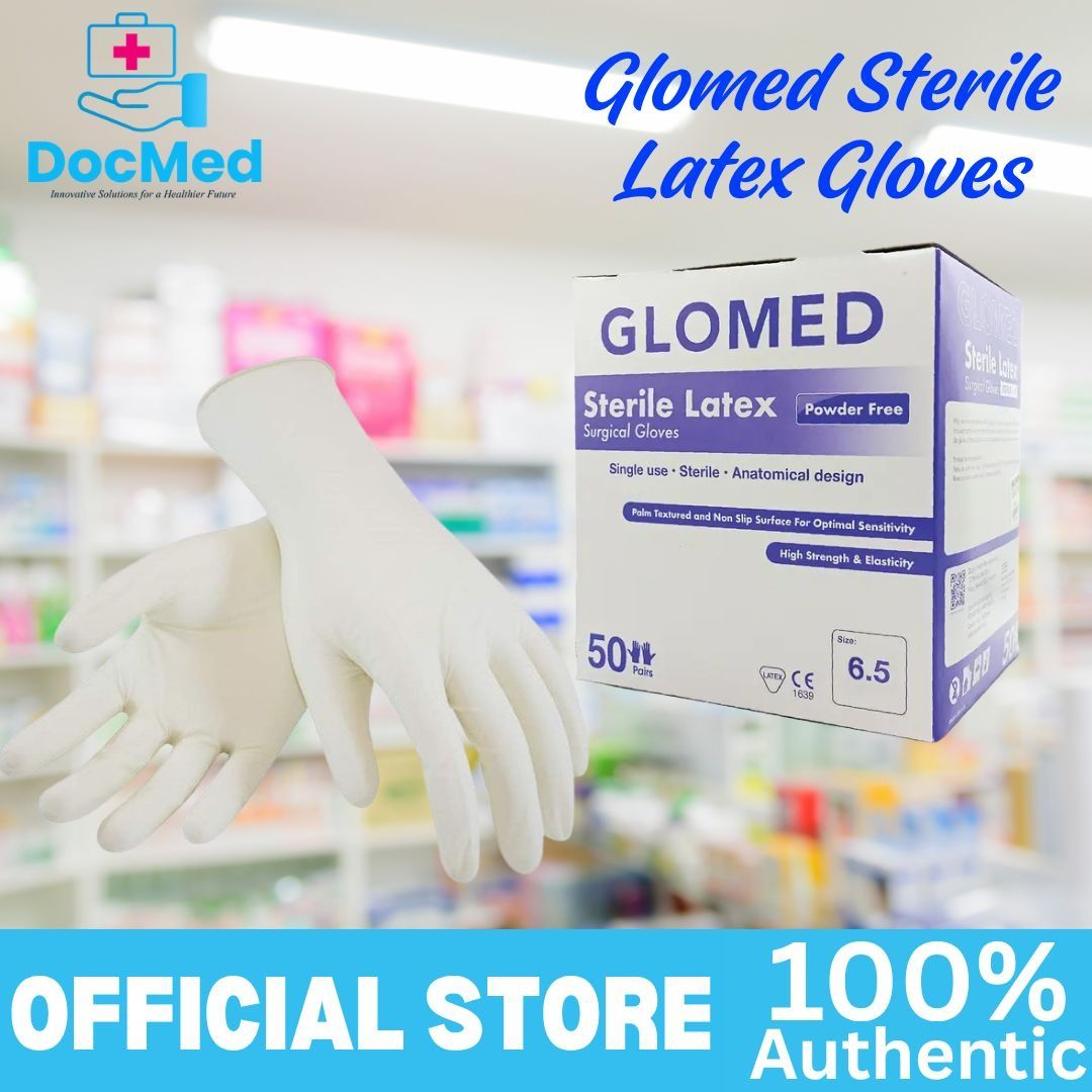 GLOMED STERILE LATEX GLOVES (Category: Medical Supplies & Tools) located in Quezon City. Submitted by zee_010200 (Listing ID 1463195920, Image 3). Description: - Brand: GLOMED - Type: Sterile Latex Surgical Gloves - Feature: Powder Free - Design: Anatomical, Palm Textured for Optimal Sensitivity - Condition: Single Use - Quality: High Strength & Elasticity - Quantity: 50 Pairs per box - Available sizes: 6.0, 6.5, 7.0, 7.5, 8.0.
