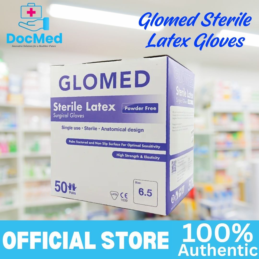GLOMED STERILE LATEX GLOVES (Category: Medical Supplies & Tools) located in Quezon City. Submitted by zee_010200 (Listing ID 1463195920, Image 2). Description: - Brand: GLOMED - Type: Sterile Latex Surgical Gloves - Feature: Powder Free - Design: Anatomical, Palm Textured for Optimal Sensitivity - Condition: Single Use - Quality: High Strength & Elasticity - Quantity: 50 Pairs per box - Available sizes: 6.0, 6.5, 7.0, 7.5, 8.0.