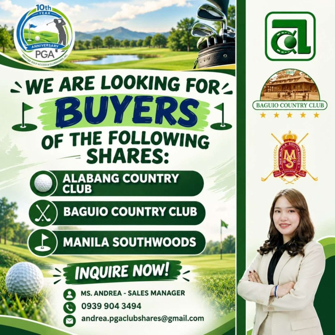 GOLF MEMBERSHIP (Category: Golf) located in Muntinlupa City. Submitted by andrea.pgaclubshares (Listing ID 1463186878, Image 1). Description: Good day Golfers! This is Andrea from PGA Clubshares. We are looking for a BUYER of the following shares. ALABANG COUNTRY CLUB BAGUIO COUNTRY CLUB MANILA SOUTHWOODS GOLF & COUNTRY CLUB Stay healthy & dry, while enjoying your game!⛳☔️ Thank you! #prestigegolfaccess #golfsharesph #pgaclubshares #livewithprest