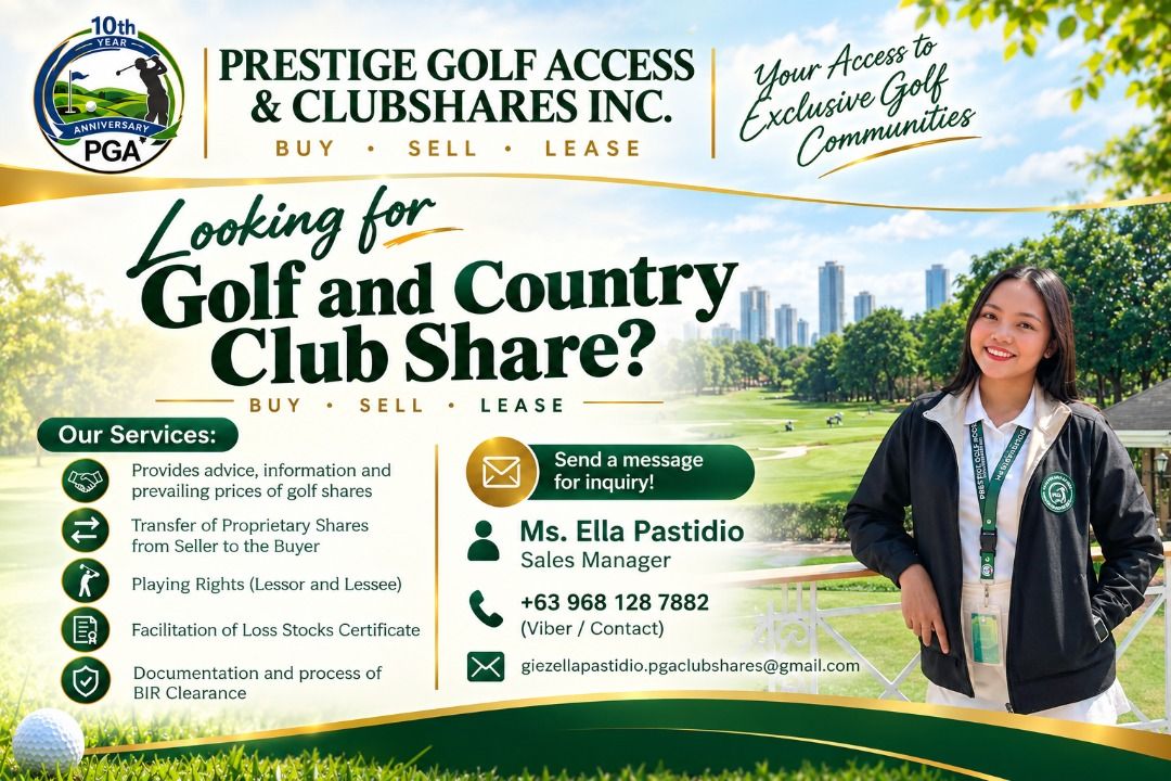 Golf Shares⛳️ (Category: Golf) located in Manila. Submitted by giezellamp (Listing ID 1463139314, Image 1). Description: ⛳ 𝐋𝐨𝐨𝐤𝐢𝐧𝐠 𝐟𝐨𝐫 𝐚 𝐆𝐨𝐥𝐟 & 𝐂𝐨𝐮𝐧𝐭𝐫𝐲 𝐂𝐥𝐮𝐛 𝐒𝐡𝐚𝐫𝐞? Whether you’re looking to 𝐁𝐔𝐘, 𝐒𝐄𝐋𝐋, 𝐨𝐫 𝐋𝐄𝐀𝐒𝐄, let us help you find the right opportunity and make your transaction smooth and hassle-free. 📩 𝐅𝐨𝐫 𝐢𝐧𝐪𝐮𝐢𝐫𝐢𝐞𝐬: 𝐌𝐬. 𝐄𝐥𝐥𝐚 𝐏𝐚𝐬𝐭𝐢𝐝𝐢𝐨 | 𝐒𝐚𝐥𝐞𝐬 𝐌𝐚𝐧𝐚𝐠𝐞𝐫 𝐏𝐫𝐞𝐬𝐭�