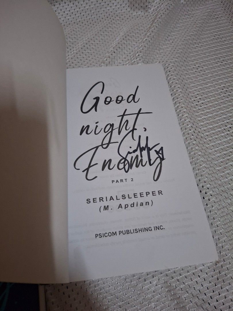 Good Night, Enemy Part 1 & 2 by SerialSleeper (Category: Storybooks) located in Mandaluyong City. Submitted by preluvd.by.eg (Listing ID 1463161512, Image 3). Description: - 'Good Night, Enemy' Parts 1 & 2 by SerialSleeper - Part of the Filimon Heights Series - Comes with cute stickers - Ideal for fans of the series - Bundle includes both books.