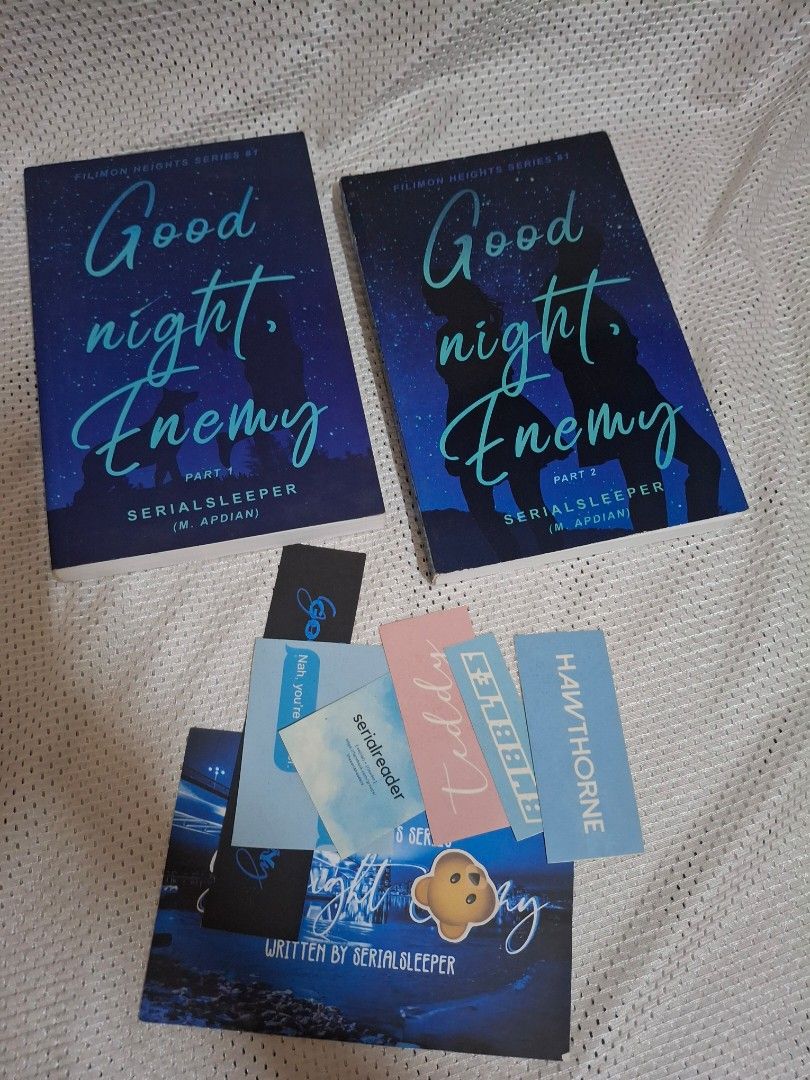 Good Night, Enemy Part 1 & 2 by SerialSleeper (Category: Storybooks) located in Mandaluyong City. Submitted by preluvd.by.eg (Listing ID 1463161512, Image 1). Description: - 'Good Night, Enemy' Parts 1 & 2 by SerialSleeper - Part of the Filimon Heights Series - Comes with cute stickers - Ideal for fans of the series - Bundle includes both books.