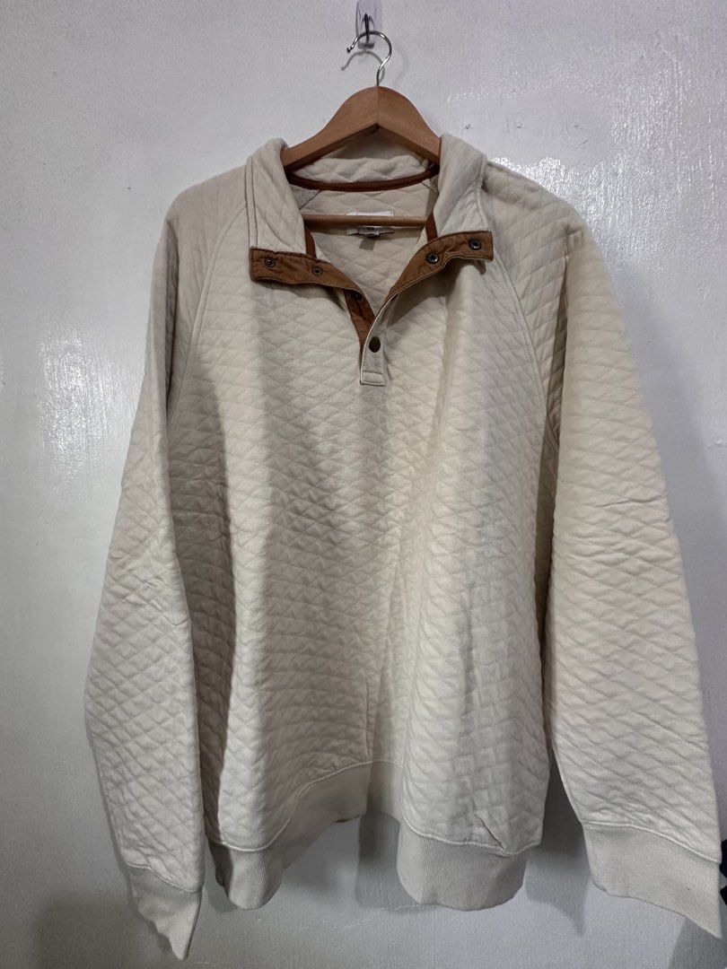 Goodfellow & Co Pullover Sweater (Category: Hoodies) located in Bulacan. Submitted by zerowastewardrobe (Listing ID 1463313644, Image 1). Description: This is a cream quilted pullover sweatshirt featuring a snap-button placket with contrasting brown trim. Size on tag L W23.5 x L29 **Please read*** For mailing & delivery only. No pick up No COD Courier is J&T Express or Lalamove (same day deliver). Shipping fee is shouldered by buyer. Return & ref