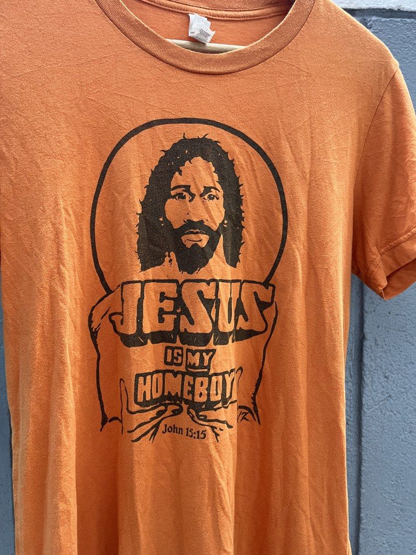 Graphic Tee Jesus Is my Homeboy (Category: Tshirts & Polo Shirts ) located in Manila. Submitted by mkjah (Listing ID 1463273325, Image 3). Description: Jesus is my homeboy graphic tee Size: small (W) 18 (L) 27 (Sh) 17.5 (S) 8.5 Color may vary due to lighting Ready to wear 🧼 Price 400 plus shipping Please manage your expectations before placing your order. Please note that there may be stains or anything. the pictures will be posted, if not you c
