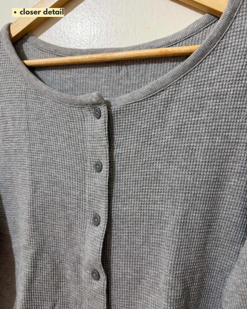 Grey Waffle Knit Button-Up Long Sleeve Cardigan (Category: Coats, Jackets and Outerwear) located in Subic. Submitted by ciesells (Listing ID 1463151949, Image 2). Description: Bust: 40 (large-xl) Sleeve: 24 inches - Comfy fabric - Button-up front - Working and complete buttons mop: bpi/maribank/maya.