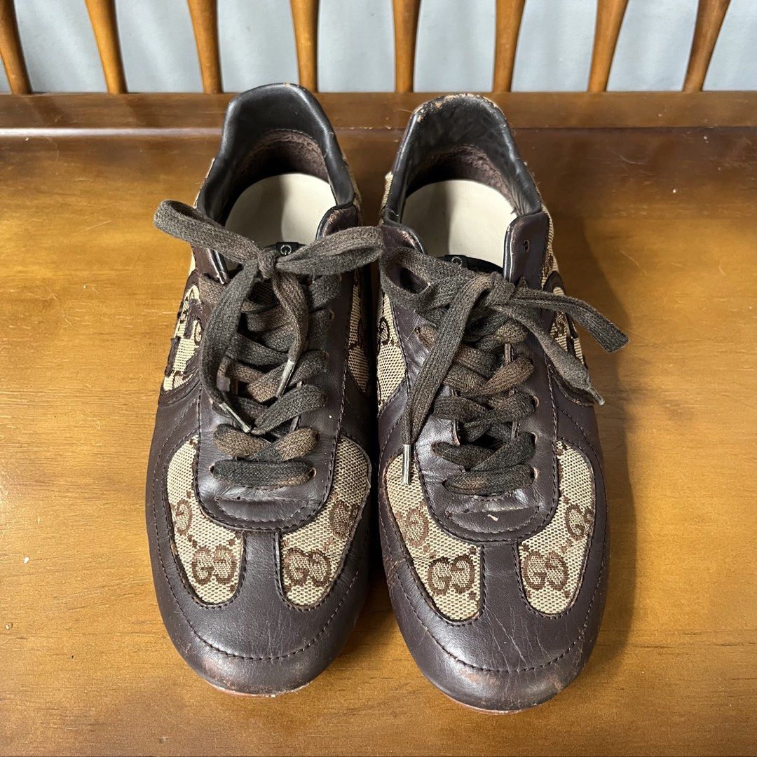 Gucci GG Monogram Leather Sneakers (Category: Sneakers) located in Calamba. Submitted by jupreloved_ (Listing ID 1463146609, Image 1). Description: Authentic brown Gucci GG monogram sneakers with leather trim. Brand: GUCCI Size: 37 Women Shipping through J&T. Payment are strictly through GCASH only, no COD. Exact size and color may be different from the picture. This is a preloved item, please manage your expectations..