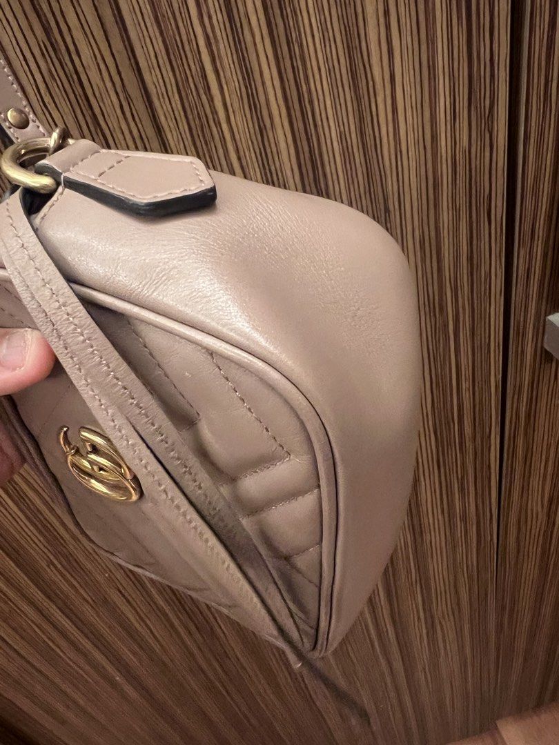 Gucci Marmont Camera Bag Beige Leather (Category: Luxury Bags & Wallets) located in Paranaque City. Submitted by katlopez0214 (Listing ID 1463233223, Image 3). Description: - Authentic Gucci Marmont camera bag - Color: Beige quilted leather - Hardware: Gold GG logo - Straps: Detachable chain strap and leather shoulder strap - Closure: Zipper - Condition: Excellent - with generic dustbag.