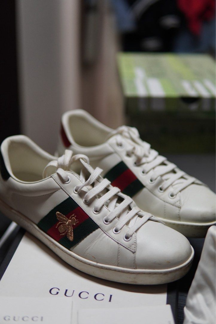 Gucci White Leather Bee Embroidered Ace Sneakers (Category: Sneakers & Footwear) located in Davao. Submitted by nomadfits (Listing ID 1463253655, Image 1). Description: Decluttering some personal items Location: Davao All items plus sf via lbc Size 9.5 (fits 10 to 11 as Gucci sizes tend to be bigger) RFS: decluttering with minor signs of usage.