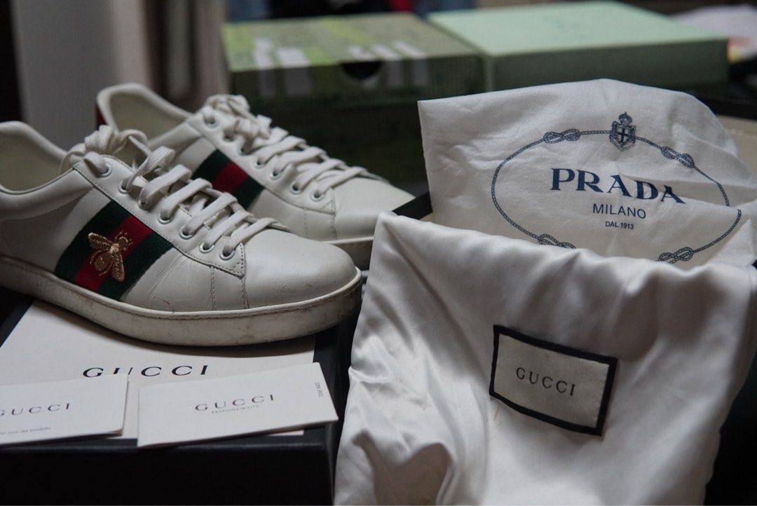 Gucci White Leather Bee Embroidered Ace Sneakers (Category: Sneakers & Footwear) located in Davao. Submitted by nomadfits (Listing ID 1463253655, Image 2). Description: Decluttering some personal items Location: Davao All items plus sf via lbc Size 9.5 (fits 10 to 11 as Gucci sizes tend to be bigger) RFS: decluttering with minor signs of usage.