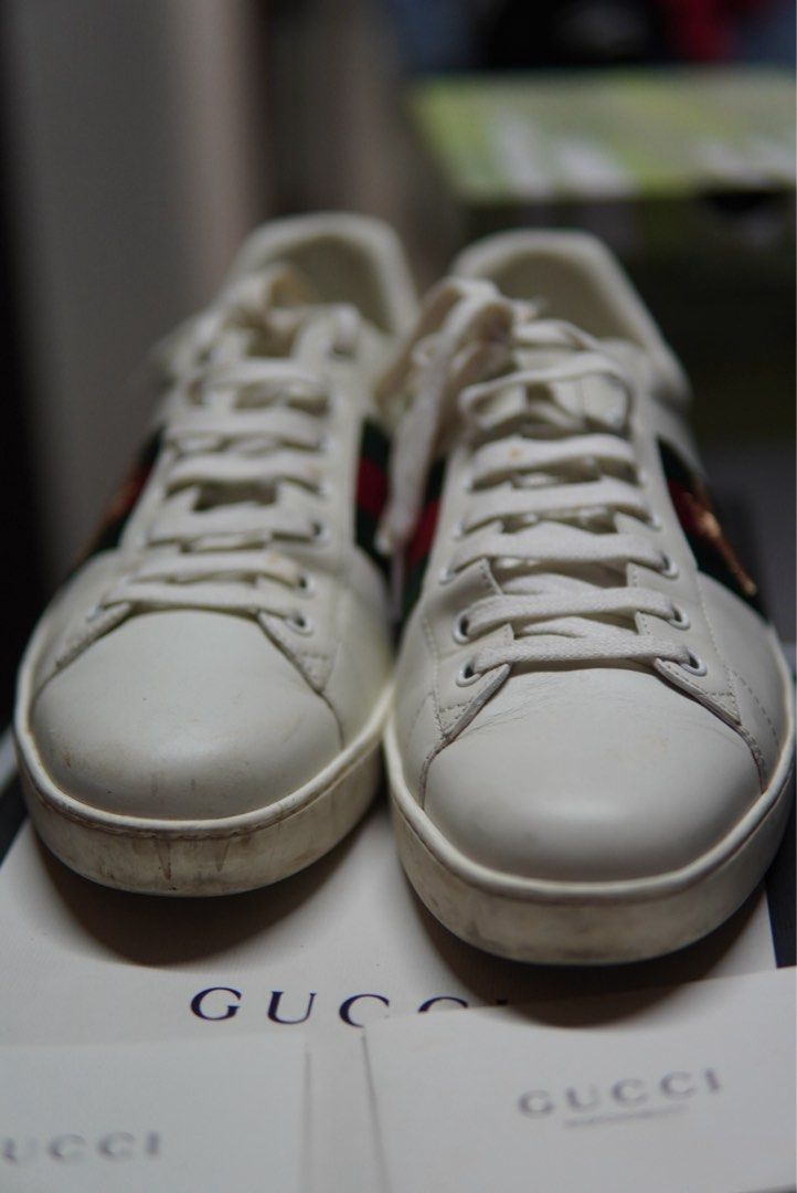 Gucci White Leather Bee Embroidered Ace Sneakers (Category: Sneakers & Footwear) located in Davao. Submitted by nomadfits (Listing ID 1463253655, Image 3). Description: Decluttering some personal items Location: Davao All items plus sf via lbc Size 9.5 (fits 10 to 11 as Gucci sizes tend to be bigger) RFS: decluttering with minor signs of usage.