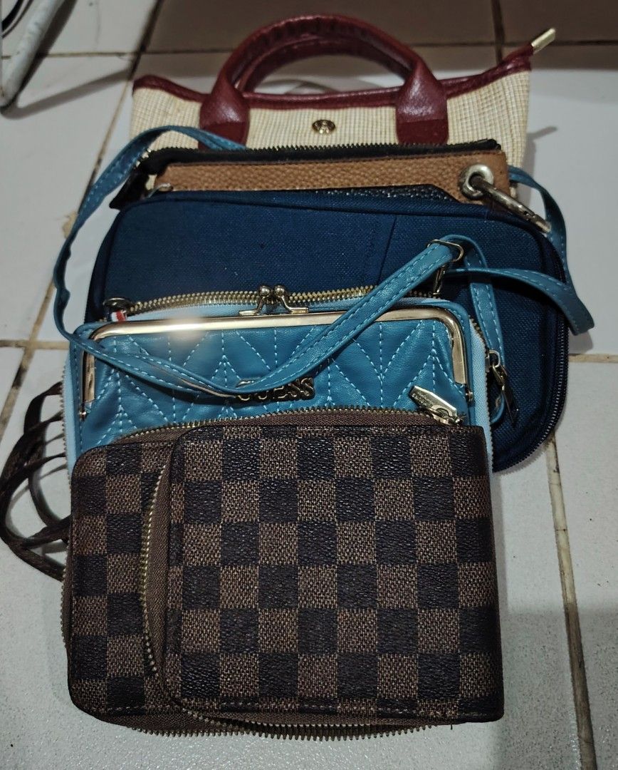 Guess Wallet, Longchamp Mini Bag, and More (Category: Luxury Bags & Wallets) located in Manila. Submitted by imissmistergray (Listing ID 1463179575, Image 1). Description: - Bundle includes 4 items: Guess blue quilted wallet, straw-like tote with horse design (Longchamp style), brown checkered wallet/pouch, and a dark blue pouch. - Ideal for organizing small essentials or as travel pouches. - Selling as a complete set. Note: Selling strictly as a