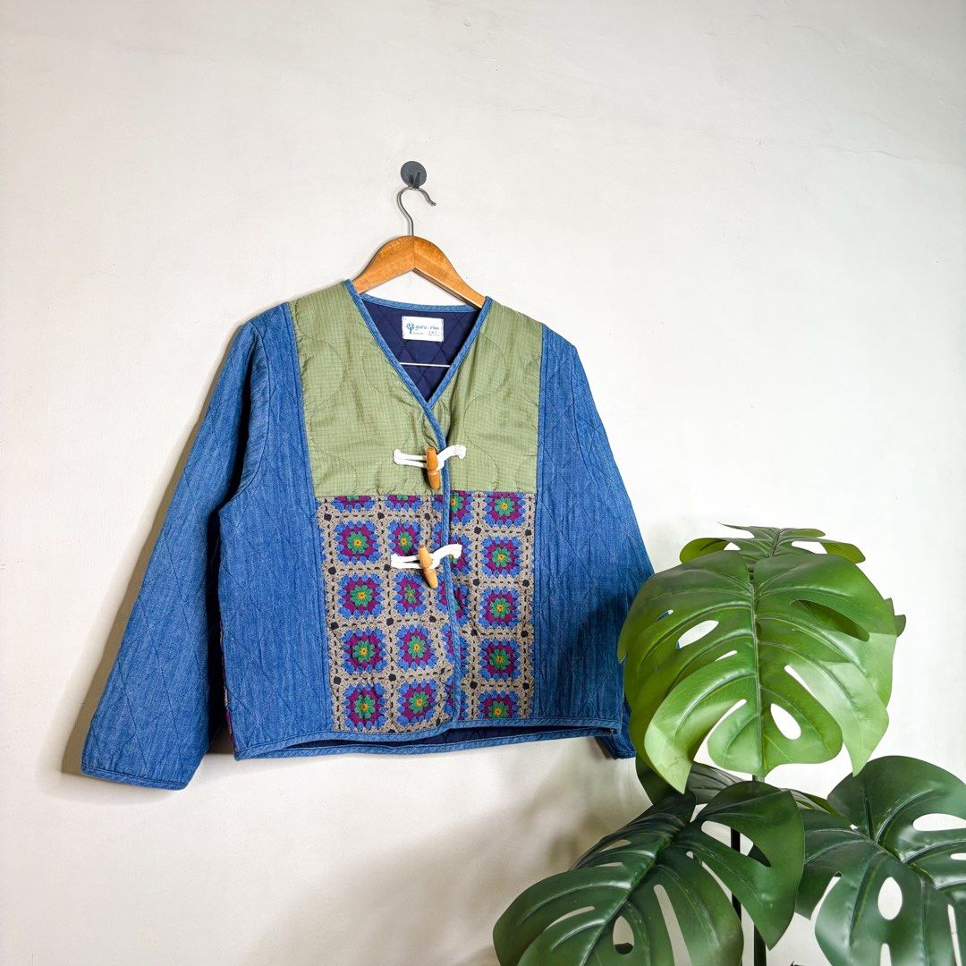 Guru Rim | Wrap Jacket. (Category: Coats, Jackets and Outerwear) located in Manila. Submitted by bypiecesandstories (Listing ID 1463227099, Image 1). Description: Guru Rim | Wrap Jacket. 749 PHP 🧡 Perfect Condition Can Fit — Small to Large Box Fit Dimensions — W 22" L 22" A unique denim jacket featuring colorful patchwork details and a wrap-style front. Full of character and a great choice for adding something different to your wardrobe. • REMIN