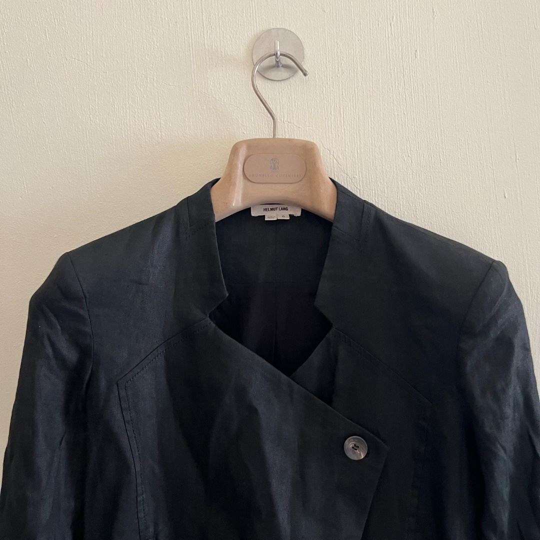 Helmut Lang Napoleon Collar Short Sleeve Coated Jacket (Category: Coats, Jackets and Outerwear) located in Quezon. Submitted by _babypluto (Listing ID 1463218956, Image 2). Description: Tagged size: 0 or XS Flaws: none Dimensions: Length: 21 Width: 16.5 Sleeves: 18.5 Note: actual color of the item may change due to lighting. .