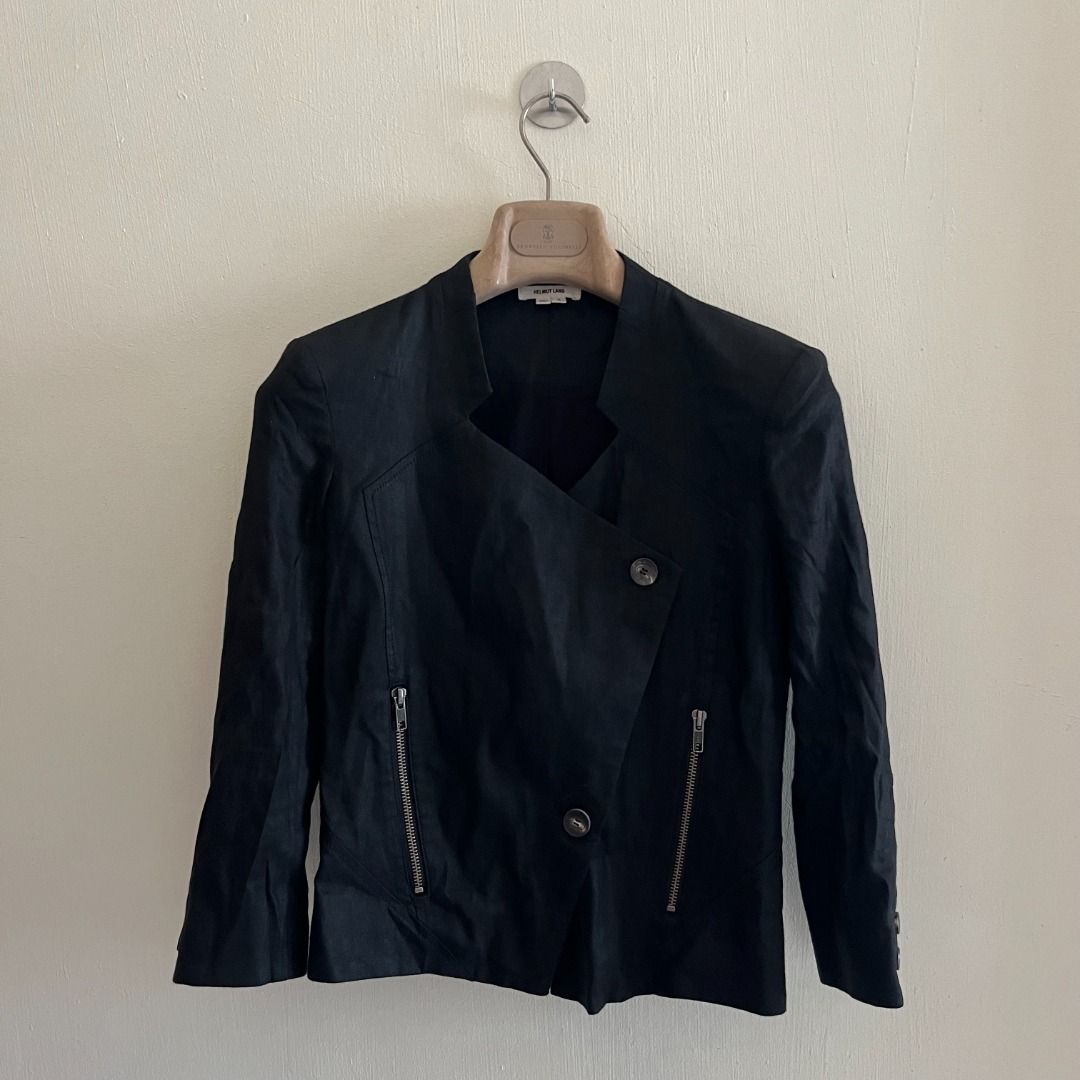 Helmut Lang Napoleon Collar Short Sleeve Coated Jacket (Category: Coats, Jackets and Outerwear) located in Quezon. Submitted by _babypluto (Listing ID 1463218956, Image 1). Description: Tagged size: 0 or XS Flaws: none Dimensions: Length: 21 Width: 16.5 Sleeves: 18.5 Note: actual color of the item may change due to lighting. .