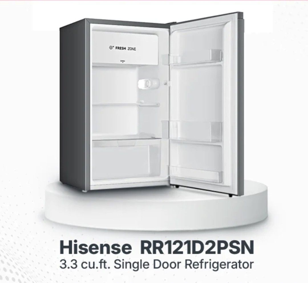 Single Door Refrigerator with free side table (Category: Refrigerators and Freezers) located in Taguig. Submitted by krisvill (Listing ID 1463298112, Image 3). Description: - Brand new Hisense Single Door Refrigerator - Model: RR121D2PSN - Capacity: 3.3 cu.ft. - Ideal for small spaces - Features a Fresh Zone compartment - Still in original, unopened packaging.