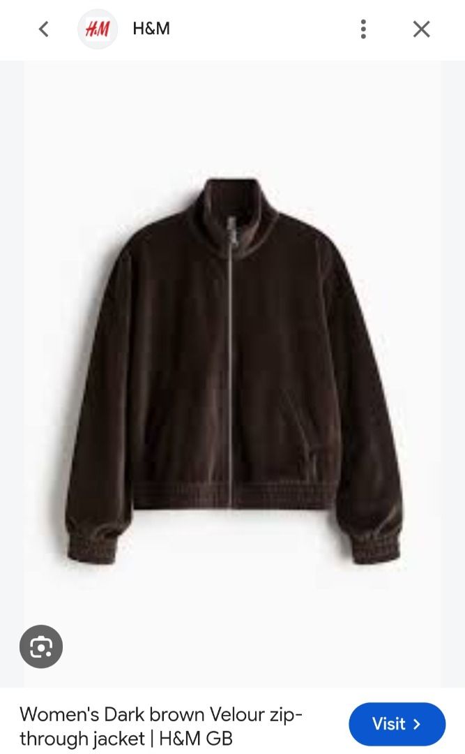H&M Dark Brown Velour Zip-Through Jacket (Category: Coats, Jackets and Outerwear) located in Manila. Submitted by katkween23 (Listing ID 1463150966, Image 1). Description: - H&M Velour Zip-Through Jacket - Color: Dark Brown - High collar with full zip closure - Elasticated cuffs and hem - Two side pockets - Super comfy and stylish.